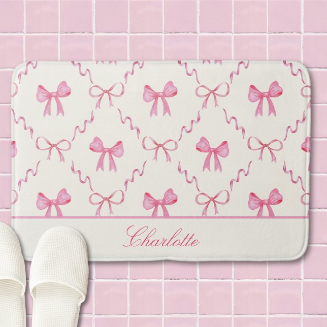Pink Bow Coquette Bath Mat Badematte (pink coquette bow calligraphy script bathmat with custom name, cute personalized gift for her)