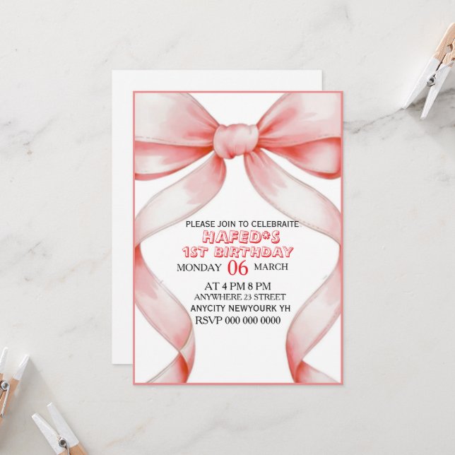 Pink Bow Coquette Bow Birthday Invitation, 13th Bi Einladung (Vorderseite/Rückseite Beispiel)