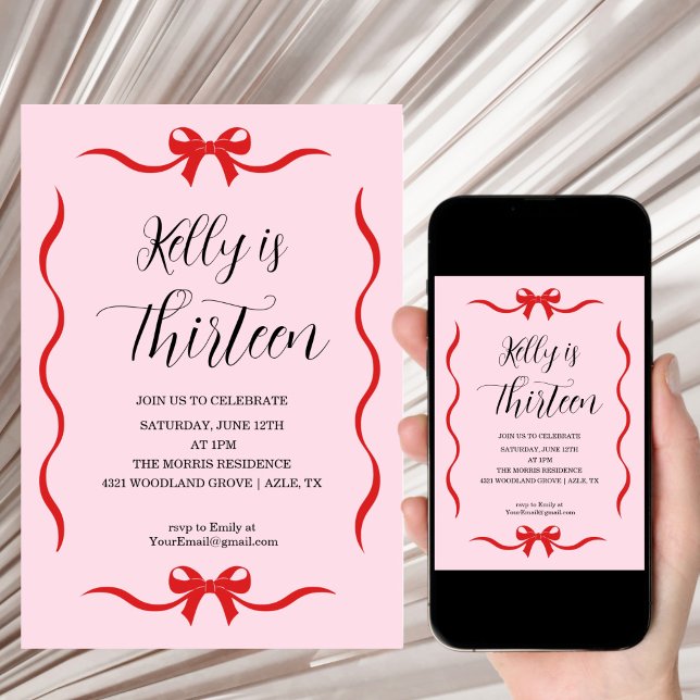 Pink Bow Coquette Bow Birthday Invitation, 13th Einladung (Von Creator hochgeladen)