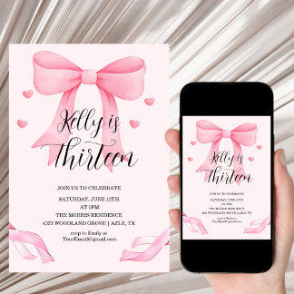 Pink Bow Coquette Bow Birthday Invitation, 13th Einladung