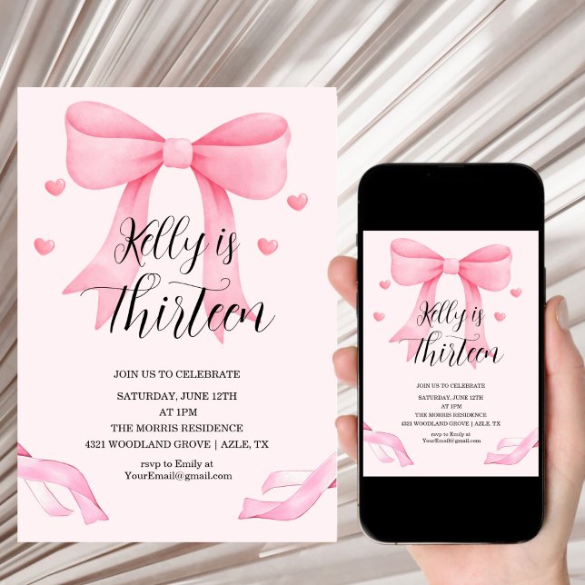 Pink Bow Coquette Bow Birthday Invitation, 13th Einladung (Von Creator hochgeladen)