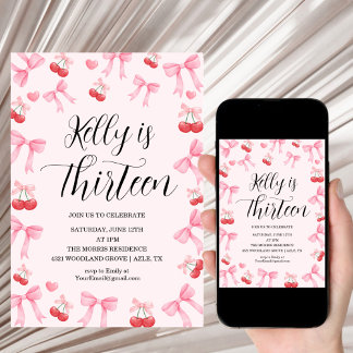 Pink Bow Coquette Bow Cherry Birthday, 13th Einladung