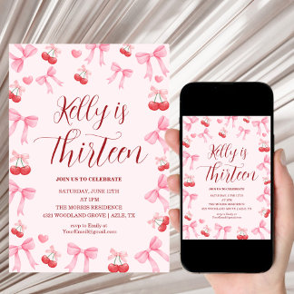 Pink Bow Coquette Bow Cherry Birthday, 13th Einladung