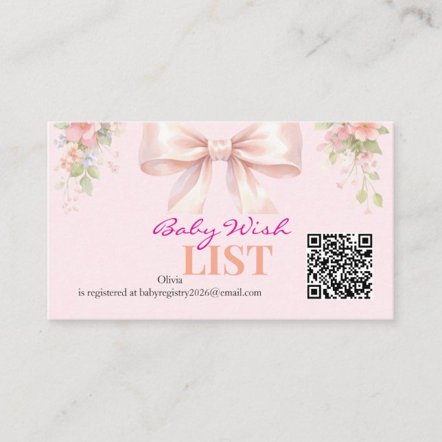 Pink Bow Coquette Floral Baby Registry QR Code Begleitkarte (Vorderseite)