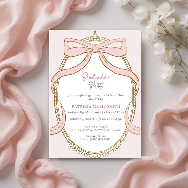 Pink Bow Coquette Foto Graduation Party Einladung (Pink Bow Coquette Photo Graduation Party Invitation)