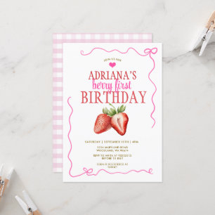 Pink Bow Coquette Gingham Berry Erster Geburtstag Einladung
