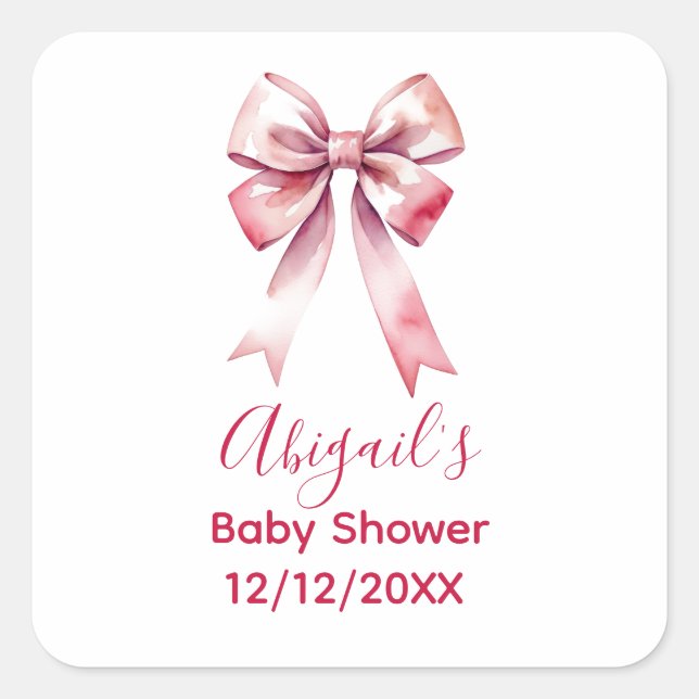 Pink Bow Coquette Girl Babydusche Quadratischer Aufkleber (Vorderseite)
