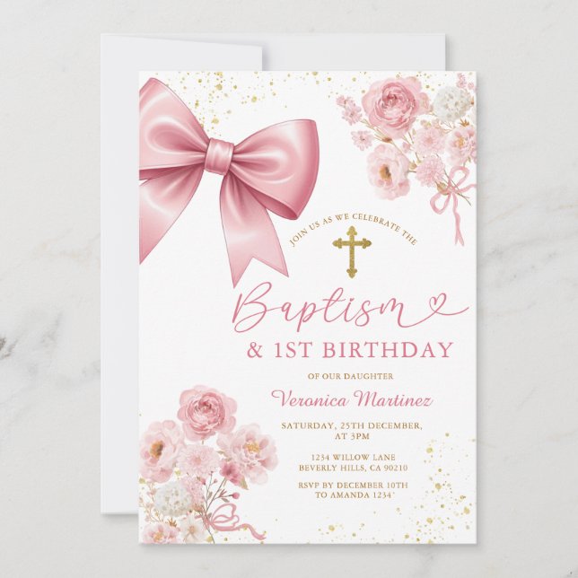Pink Bow Coquette Girl Baptism and Birthday Floral Einladung (Vorderseite)