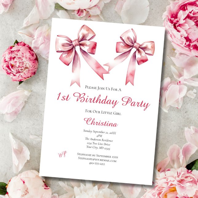 Pink Bow Coquette Girly Einladung zum 1. Geburtsta (Pink Bow Coquette aesthetic baby girl 1st birthday party invitation. Digital or printed)