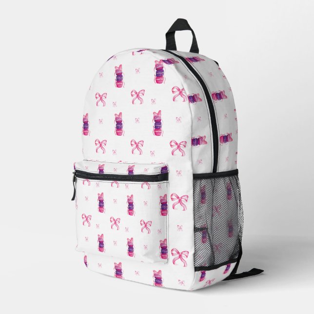 Pink Bow Coquette Macarons Niedlich Wasserfarbe Bedruckter Rucksack (Rückseitige Ecke Rechts)