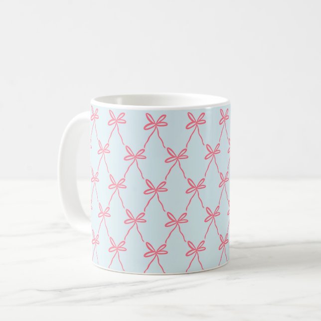Pink Bow Coquette Muster auf Blue Kaffeetasse (Vorderseite Links)