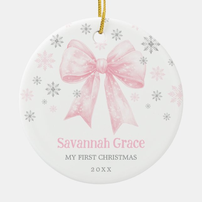 Pink Bow Coquette Ribbon Baby Girl 1. Weihnachten Keramik Ornament (Vorne)