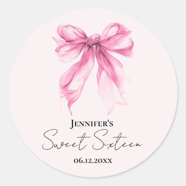 Pink Bow Coquette Script Sweet 16 Party Blush  Runder Aufkleber (Vorderseite)