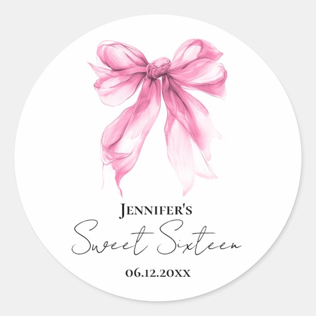 Pink Bow Coquette Script Sweet 16 Party Runder Aufkleber (Vorderseite)