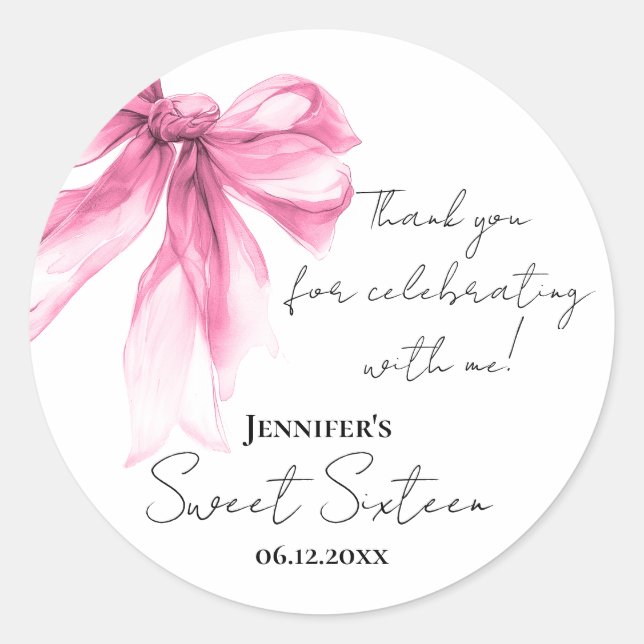 Pink Bow Coquette Script Sweet 16 Thank You Runder Aufkleber (Vorderseite)