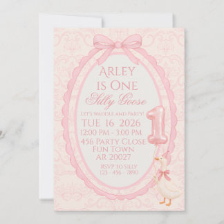 Pink Bow Coquette Silly Goose 1st Birthday Invitat Einladung