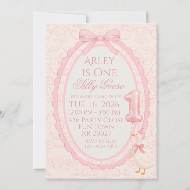 Pink Bow Coquette Silly Goose 1st Birthday Invitat Einladung (Vorderseite)
