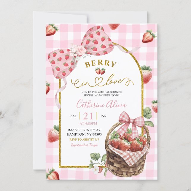 Pink Bow Coquette Strawberry Gingham Bridal Shower Einladung (Vorderseite)