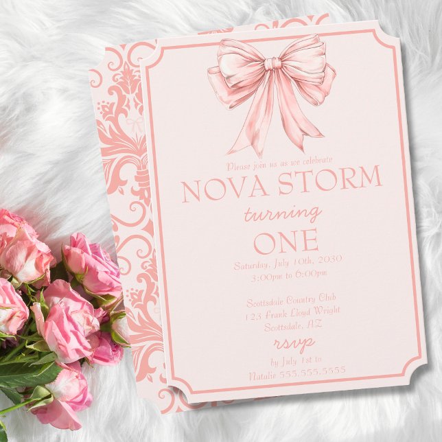 Pink Bow Coquette Tower Demask Milestone Geburtsta Einladung (Von Creator hochgeladen)