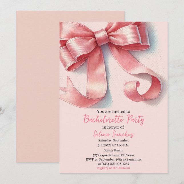 Pink Bow Coquette Wasserfarbe Junggeselinnen-Absch Einladung (Vorne/Hinten)