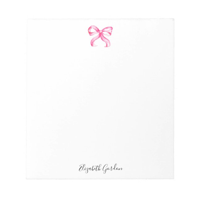 Pink Bow Coquette Watercolor Cute Custom Name Notizblock (Vorderseite)