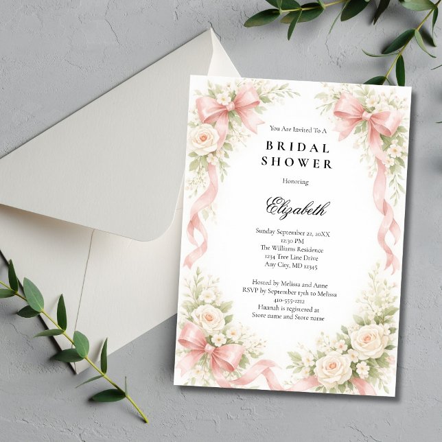 Pink Bow Coquette White Rose Florals Bridal Shower Einladung (Pink Coquette Bow, White Roses Florals, Watercolor  Bridal Shower Invitation. Printed or Digital)