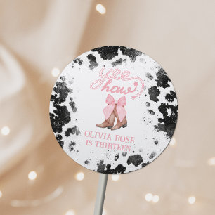 Pink Bow & Cowgirl Boots Coquette Western Geburtst Runder Aufkleber