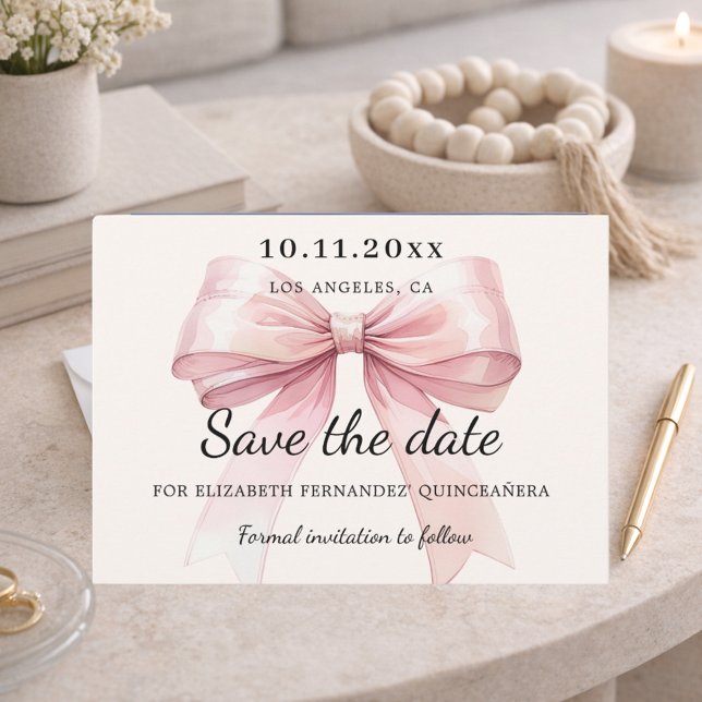 Pink bow cream Quinceanera Save the Date card (Von Creator hochgeladen)