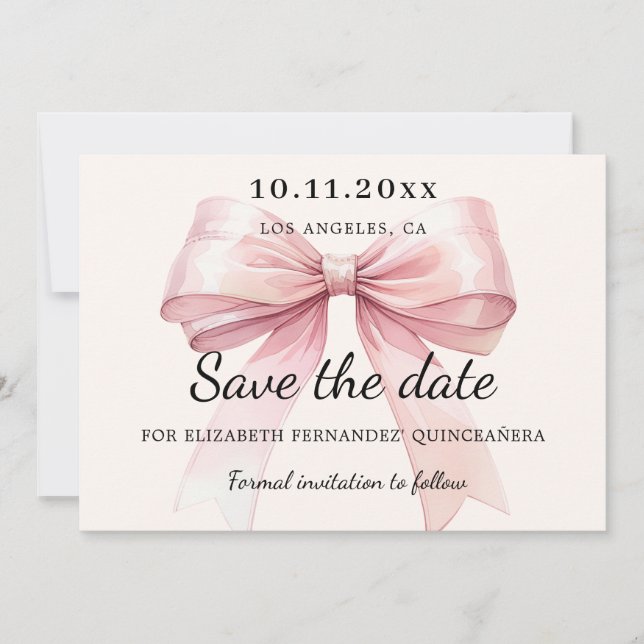 Pink bow cream Quinceanera Save the Date card (Vorderseite)