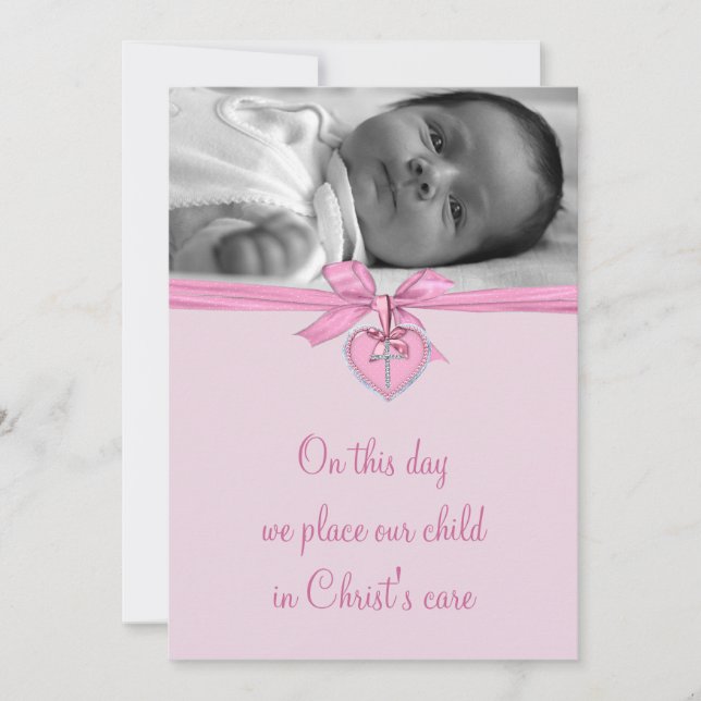 Pink Bow Cross Baby Girl Foto Christening Einladung (Vorderseite)