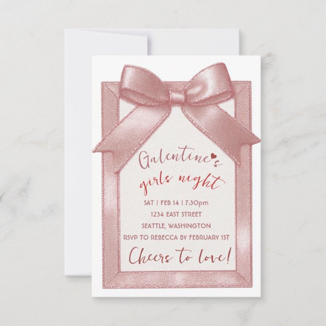 Pink Bow Custom Galentine's Party Invitation RSVP Karte (Vorderseite)