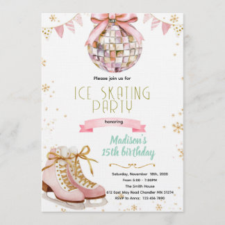 Pink bow disco ice skating party invitation einladung