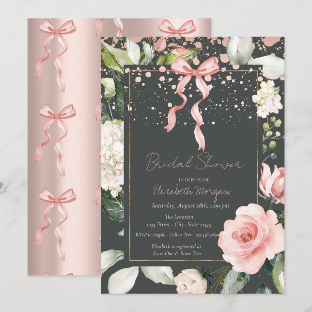 Pink Bow Dots Rose Rose Gold Brautparty Einladung (Vorne/Hinten)