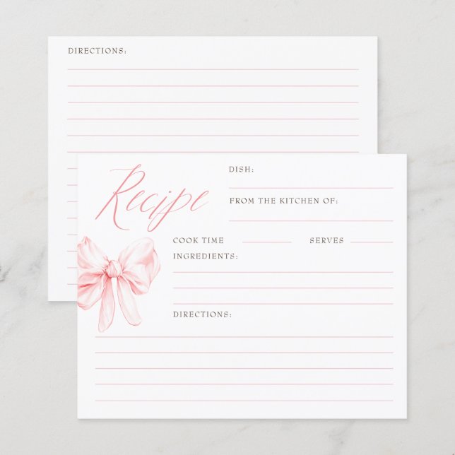 Pink Bow Elegant Bridal Shower Recipe Cards (Vorne/Hinten)