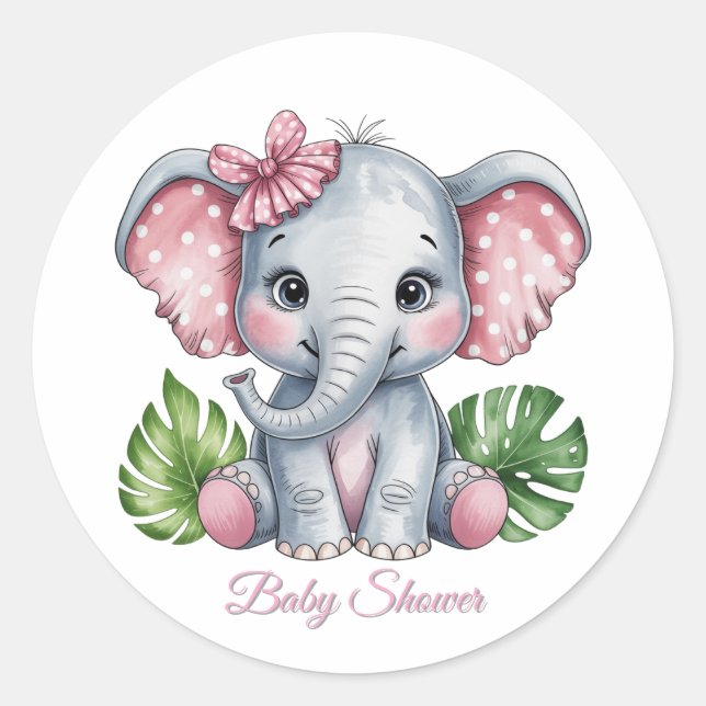 Pink Bow Elephant Girl Baby Dusche Runder Aufkleber (Vorderseite)