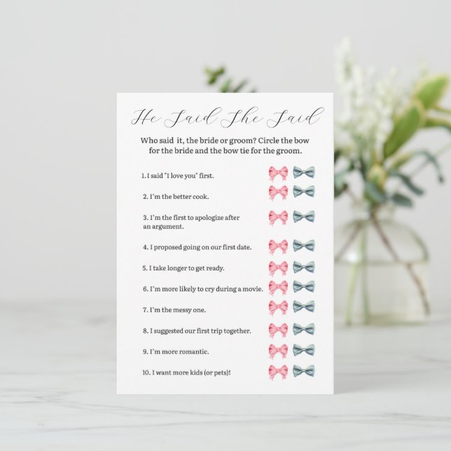 Pink Bow Er sagte, sie sagte, Spiel - Brautparty Einladung (Stehend Vorderseite)