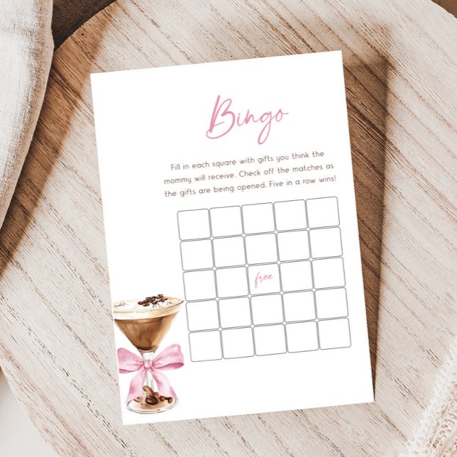 Pink Bow Espresso Martini Baby Shower Bingo Spiel (Espresso Baby Shower Game)