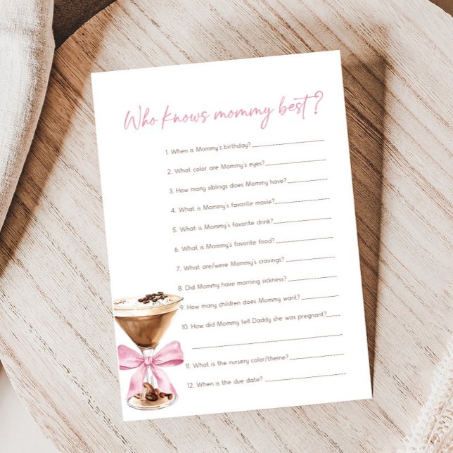 Pink Bow Espresso Martini Shower Who Knows Spiel (Espresso Baby Shower Game)