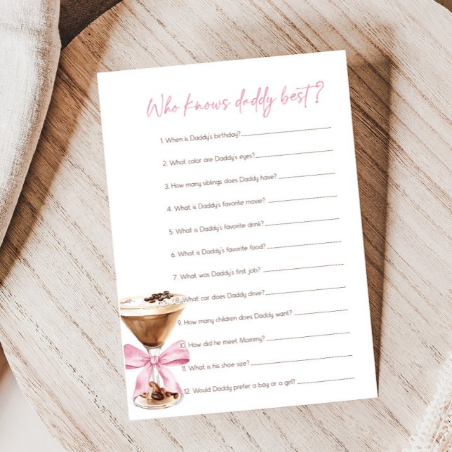 Pink Bow Espresso Martini Shower Who Knows Spiel (Espresso Baby Shower Game)