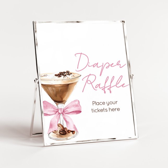 Pink Bow Espresso Shower Diaper Raffle Sign Poster (Espresso Baby Shower Sign)