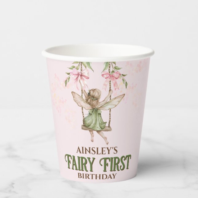 Pink Bow Fairy Erster Geburtstag Personalisiert Pappbecher (Vorderseite)