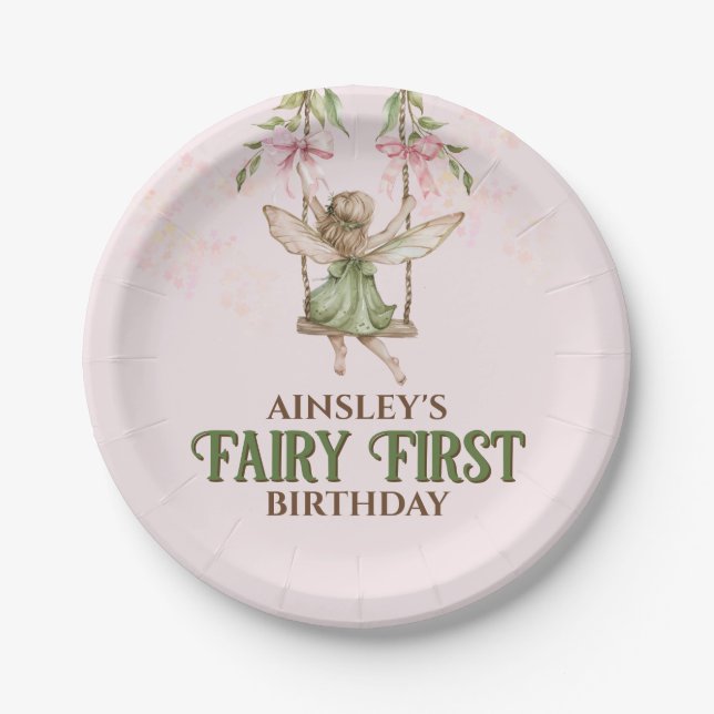 Pink Bow Fairy Erster Geburtstag Personalisiert Pappteller (Vorderseite)