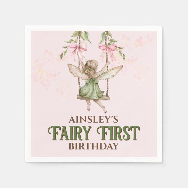 Pink Bow Fairy Erster Geburtstag Personalisiert Serviette (Vorderseite)