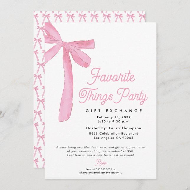 Pink Bow Favorite Things Party Gift Exchange Einladung (Vorne/Hinten)