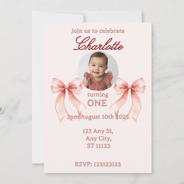 Pink Bow First Birthday! Einladung (Vorderseite)
