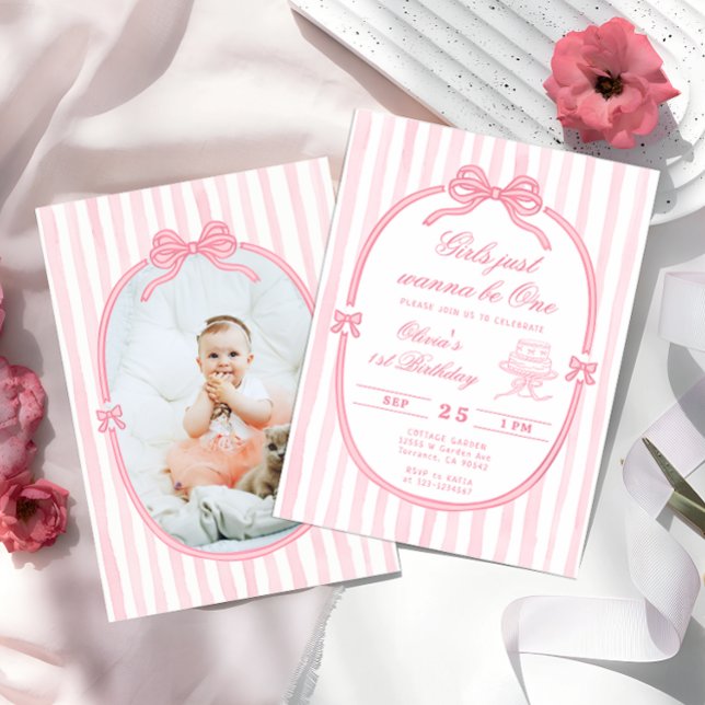 Pink Bow First Birthday Girl Invitation Einladung (Von Creator hochgeladen)