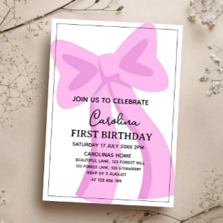 Pink Bow First Birthday Invitation | Elegant Girl Einladung