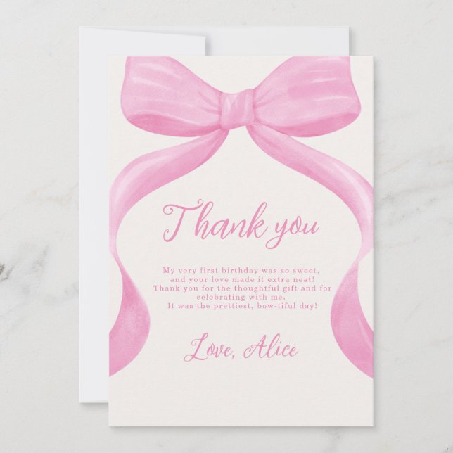 Pink Bow First Birthday Thank You Card Dankeskarte (Vorderseite)