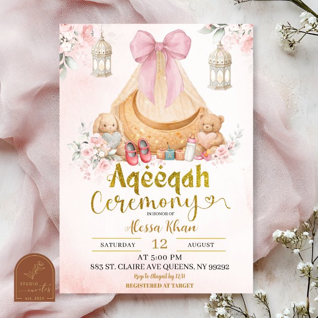 Pink Bow Floral Aqeeqah Girl Invitation Einladung (Von Creator hochgeladen)