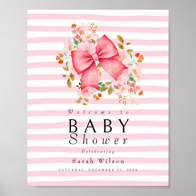 Pink Bow Floral Aquarell Babydusche Poster (Vorne)